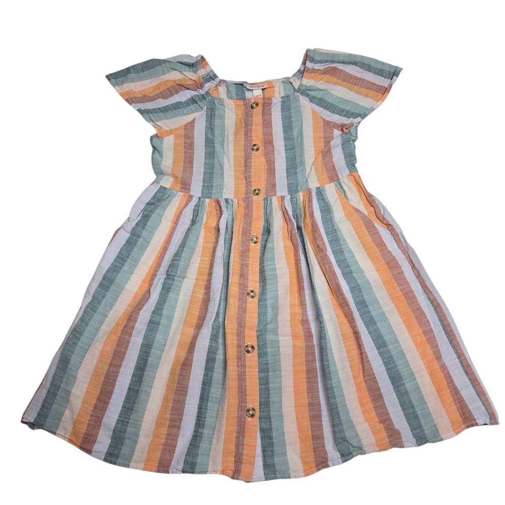 Cat & Jack Dress Cottagecore Girls Large 10-12 Green Orange Striped Pockets